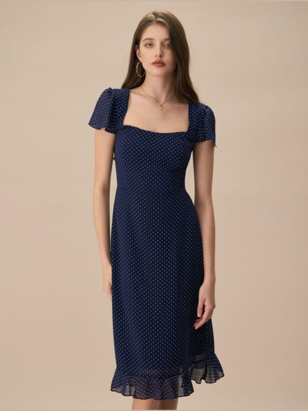 Rihoas Navy Polkadot Cutout Midi Dress, Size S